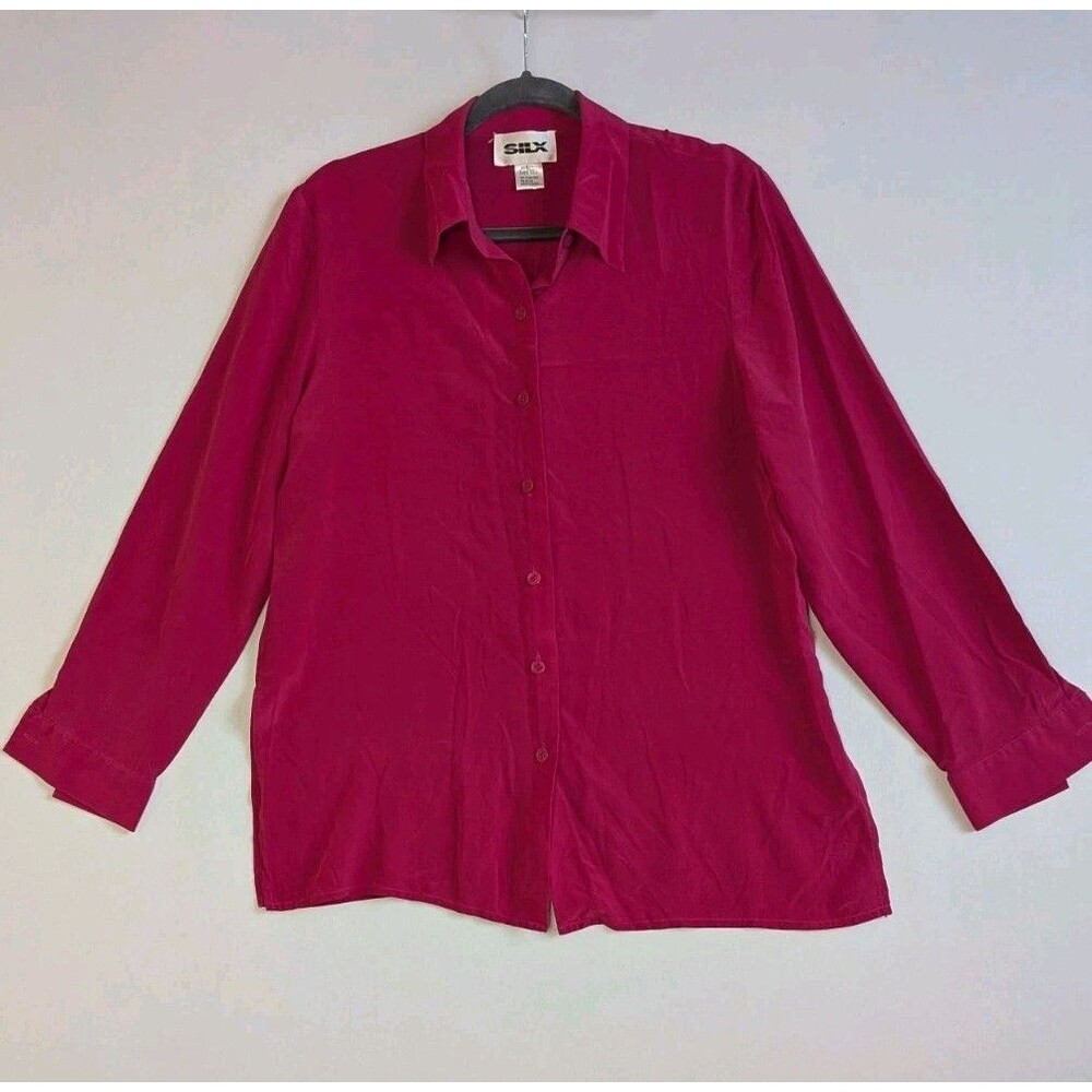 Vintage 100% SILK Hot Pink Button Up 3/4 Sleeve Blouse Women's Large SILX